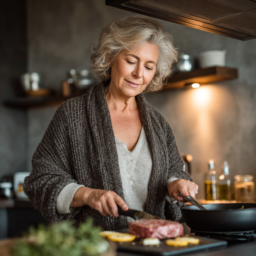 Щаслива пара похилого віку готує здорову їжу